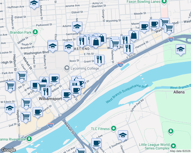 map of restaurants, bars, coffee shops, grocery stores, and more near 222 Chatham Street in Williamsport