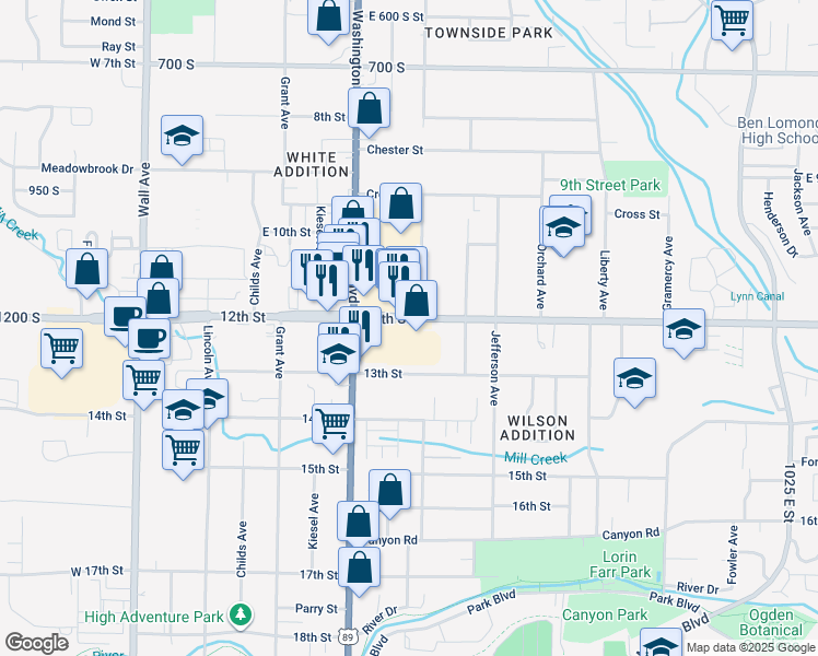 map of restaurants, bars, coffee shops, grocery stores, and more near 475 12th Street in Ogden
