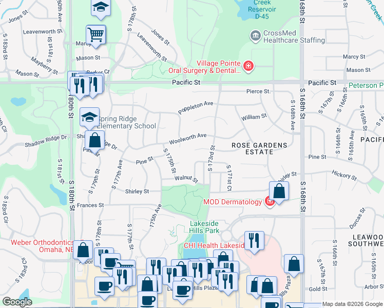 map of restaurants, bars, coffee shops, grocery stores, and more near 17337 Pine Circle in Omaha