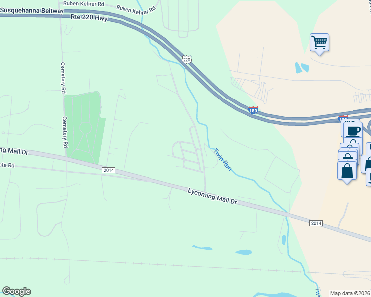 map of restaurants, bars, coffee shops, grocery stores, and more near 91 Odell Road in Muncy