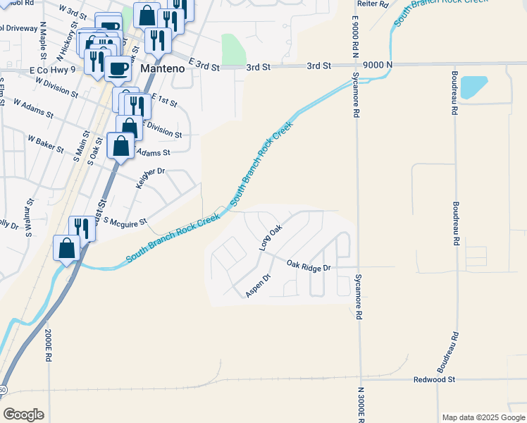 map of restaurants, bars, coffee shops, grocery stores, and more near Laurel in Manteno