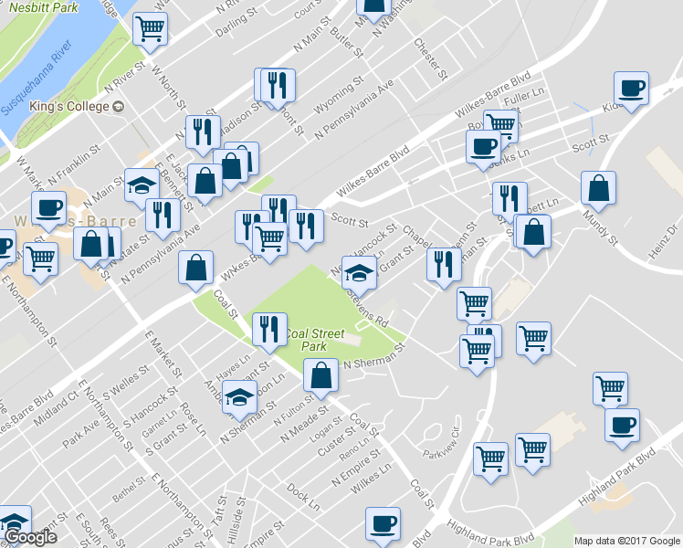 map of restaurants, bars, coffee shops, grocery stores, and more near 243 Weston Lane in Wilkes-Barre