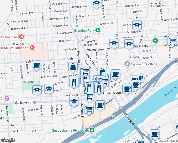 map of restaurants, bars, coffee shops, grocery stores, and more near 520 Pine Street in Williamsport
