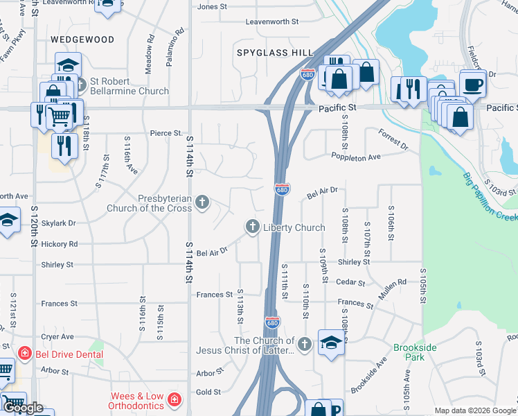 map of restaurants, bars, coffee shops, grocery stores, and more near 11120 Pine Plaza in Omaha