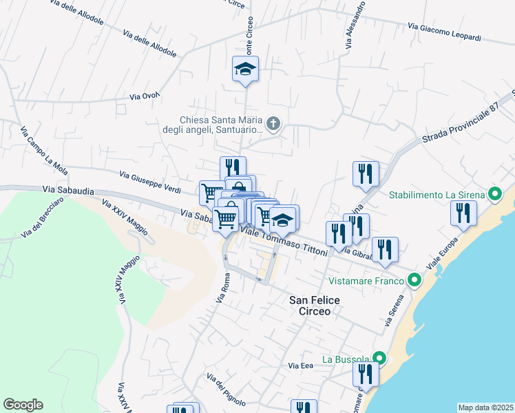 map of restaurants, bars, coffee shops, grocery stores, and more near 26 Via Montenero in San Felice Circeo