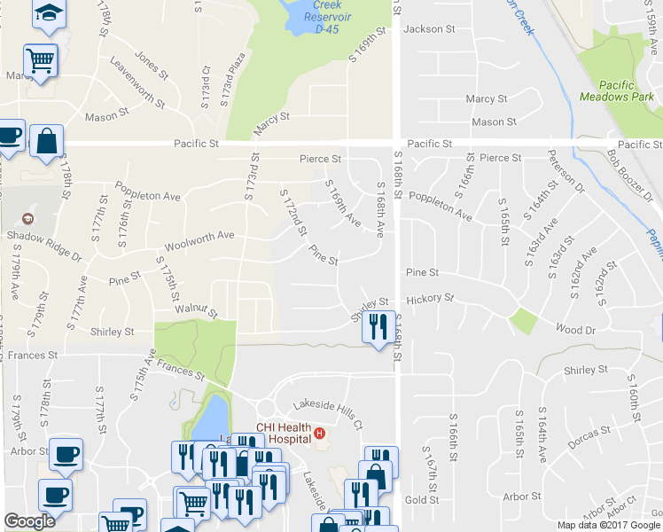 map of restaurants, bars, coffee shops, grocery stores, and more near 1606 South 170th Street in Omaha