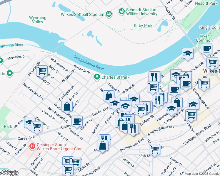 map of restaurants, bars, coffee shops, grocery stores, and more near 45 Mallery Place in Wilkes-Barre