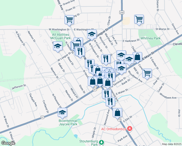 map of restaurants, bars, coffee shops, grocery stores, and more near 61 Whittlesey Avenue in Norwalk