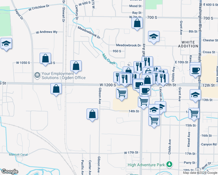 map of restaurants, bars, coffee shops, grocery stores, and more near 251 West 12th Street in Ogden