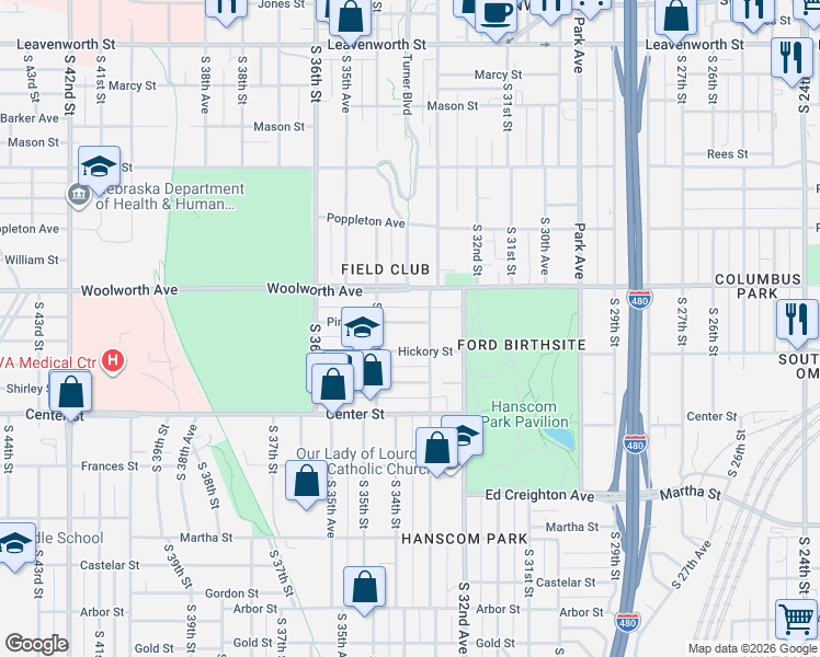 map of restaurants, bars, coffee shops, grocery stores, and more near 3313 Pine Street in Omaha