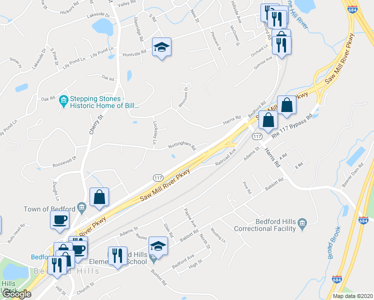 map of restaurants, bars, coffee shops, grocery stores, and more near 107 Nottingham Road in Bedford Hills