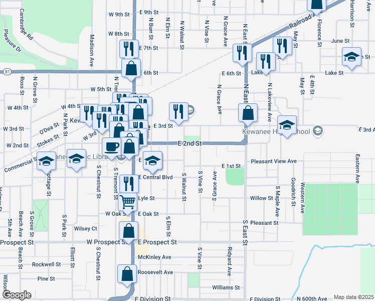 map of restaurants, bars, coffee shops, grocery stores, and more near 124 North Walnut Street in Kewanee