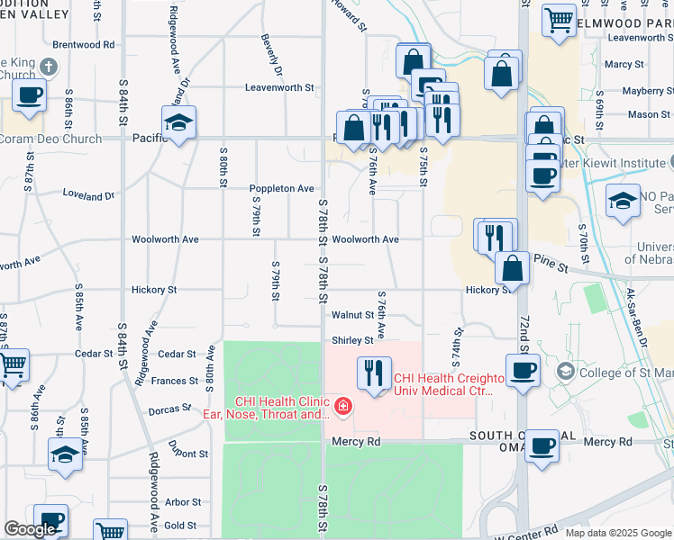 map of restaurants, bars, coffee shops, grocery stores, and more near 7727 Pine Circle in Omaha
