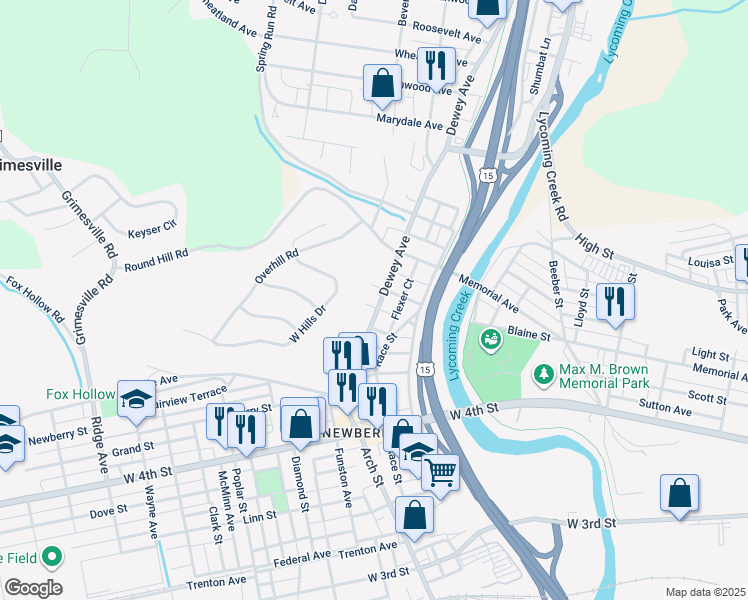 map of restaurants, bars, coffee shops, grocery stores, and more near 1121 Dewey Avenue in Williamsport
