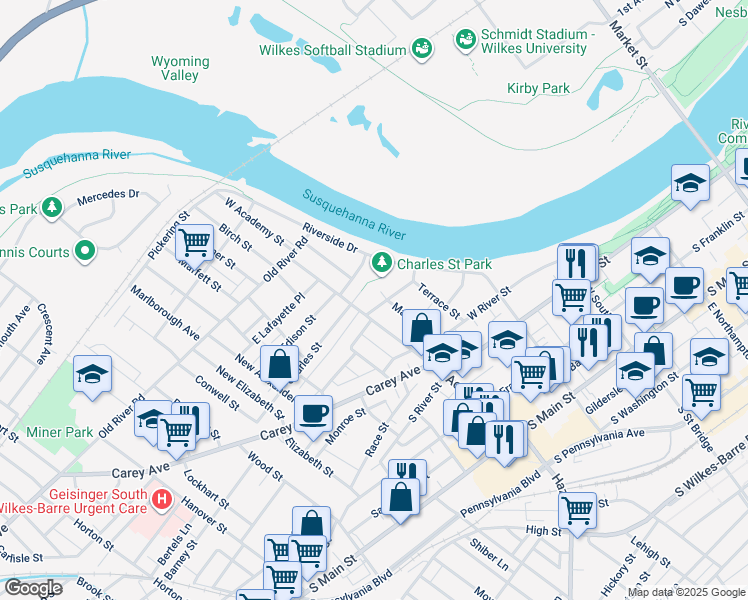 map of restaurants, bars, coffee shops, grocery stores, and more near 59 Stanley Street in Wilkes-Barre