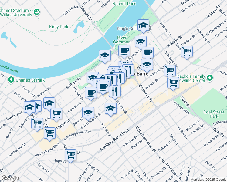 map of restaurants, bars, coffee shops, grocery stores, and more near 84 South Main Street in Wilkes-Barre