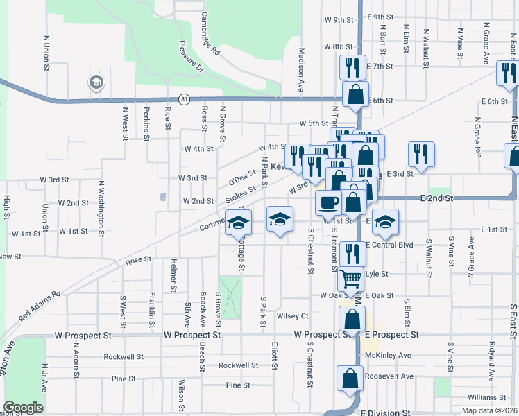 map of restaurants, bars, coffee shops, grocery stores, and more near 117 North Park Street in Kewanee