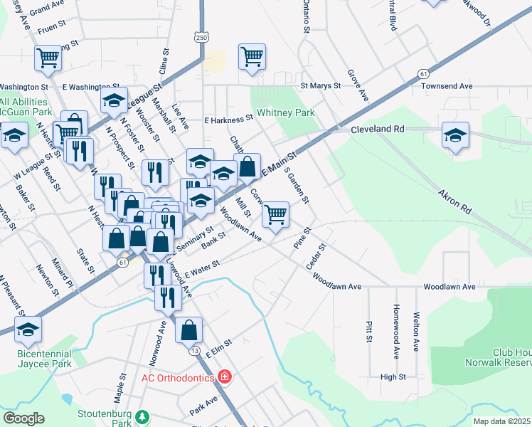 map of restaurants, bars, coffee shops, grocery stores, and more near 20 Corwin Street in Norwalk