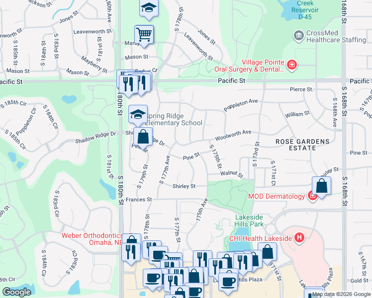map of restaurants, bars, coffee shops, grocery stores, and more near 17617 Woolworth Avenue in Omaha