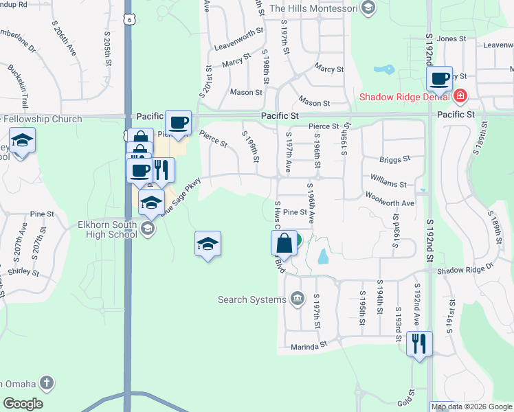 map of restaurants, bars, coffee shops, grocery stores, and more near 1514 South 198th Avenue in Omaha