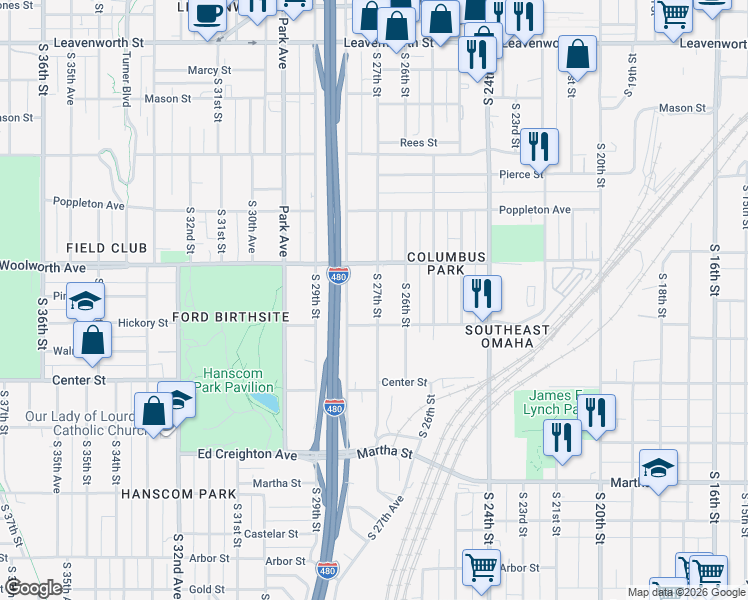 map of restaurants, bars, coffee shops, grocery stores, and more near 1618 North 27th Street in Omaha