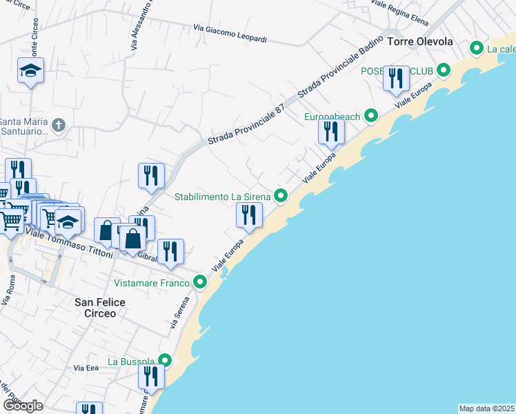 map of restaurants, bars, coffee shops, grocery stores, and more near 9 Viale Europa in San Felice Circeo