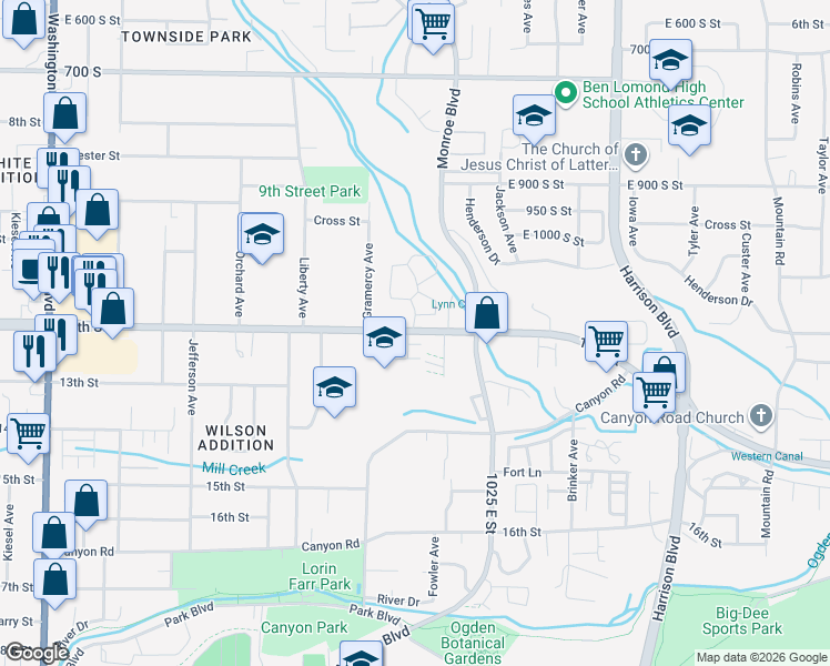 map of restaurants, bars, coffee shops, grocery stores, and more near 891 12th Street in Ogden