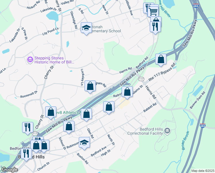 map of restaurants, bars, coffee shops, grocery stores, and more near 106 Nottingham Road in Bedford Hills
