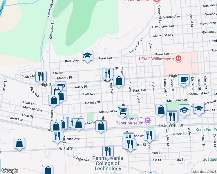 map of restaurants, bars, coffee shops, grocery stores, and more near 676 7th Avenue in Williamsport