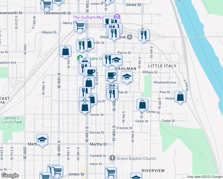 map of restaurants, bars, coffee shops, grocery stores, and more near 1520 South 10th Street in Omaha