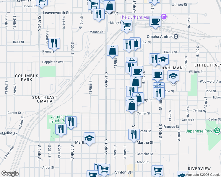 map of restaurants, bars, coffee shops, grocery stores, and more near 1447 South 16th Street in Omaha