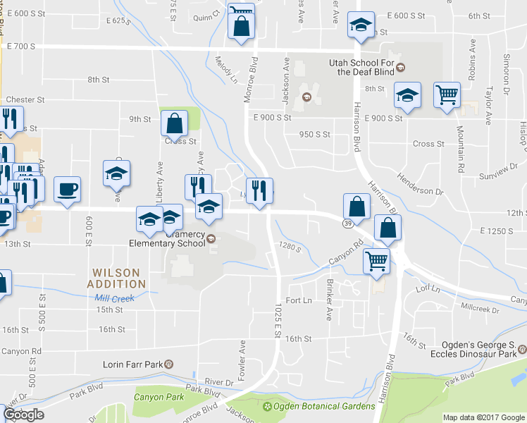 map of restaurants, bars, coffee shops, grocery stores, and more near 987 12th Street in Ogden