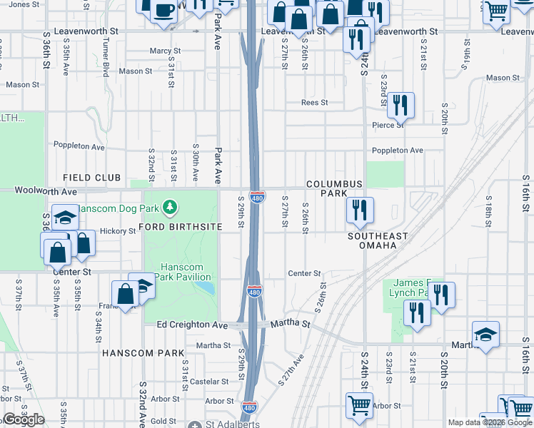 map of restaurants, bars, coffee shops, grocery stores, and more near 1535 South 28th Street in Omaha