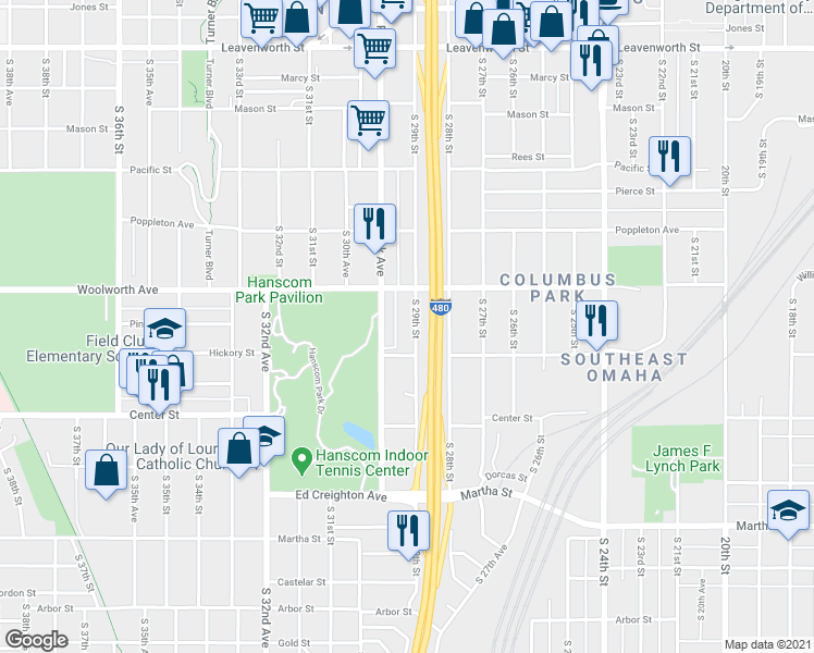 map of restaurants, bars, coffee shops, grocery stores, and more near 1530 South 29th Street in Omaha