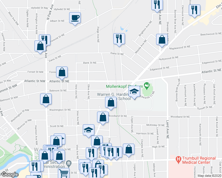 map of restaurants, bars, coffee shops, grocery stores, and more near 770 Paige Avenue Northeast in Warren