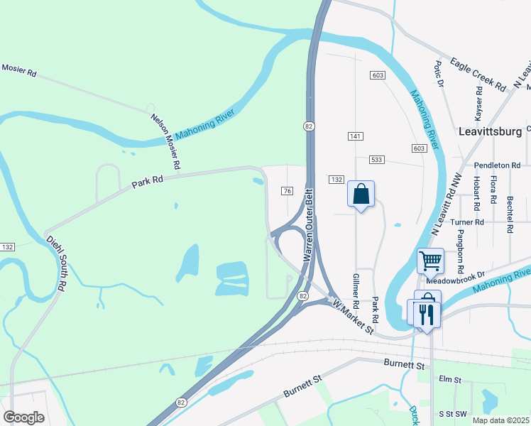 map of restaurants, bars, coffee shops, grocery stores, and more near 525 County Highway 845 in Leavittsburg