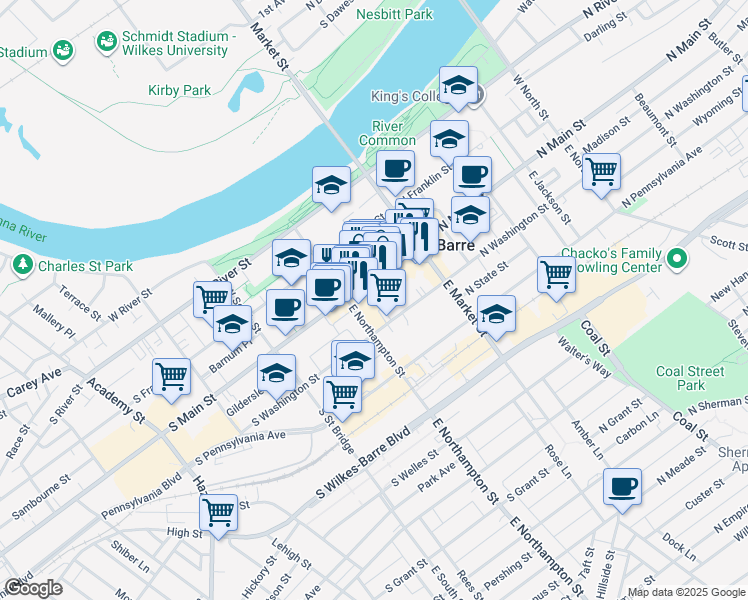 map of restaurants, bars, coffee shops, grocery stores, and more near 34S North Main Street in Wilkes-Barre