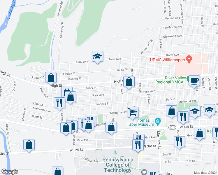 map of restaurants, bars, coffee shops, grocery stores, and more near 687 7th Avenue in Williamsport