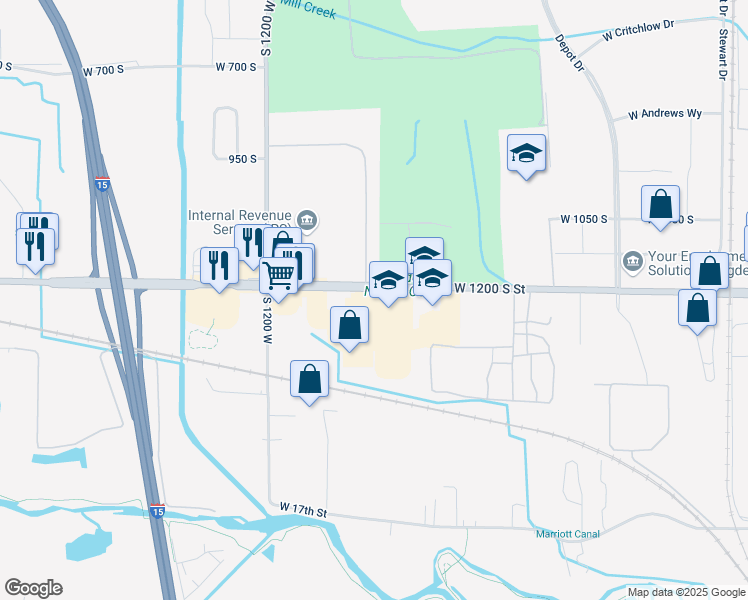 map of restaurants, bars, coffee shops, grocery stores, and more near 1031 West 12th Street in Marriott-Slaterville