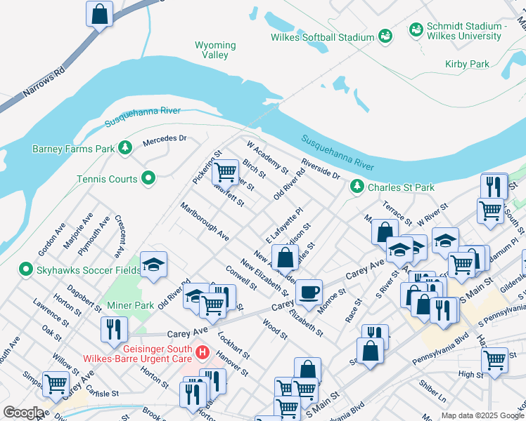 map of restaurants, bars, coffee shops, grocery stores, and more near 98 Haldeman Street in Wilkes-Barre