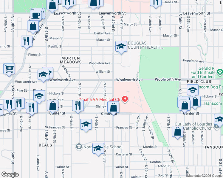 map of restaurants, bars, coffee shops, grocery stores, and more near 4201 Pine Street in Omaha