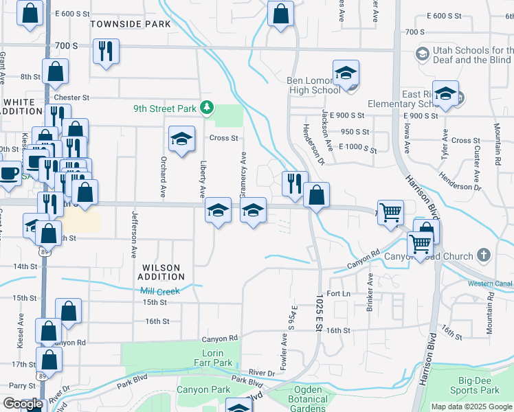 map of restaurants, bars, coffee shops, grocery stores, and more near 850 East 1200 South Street in Ogden