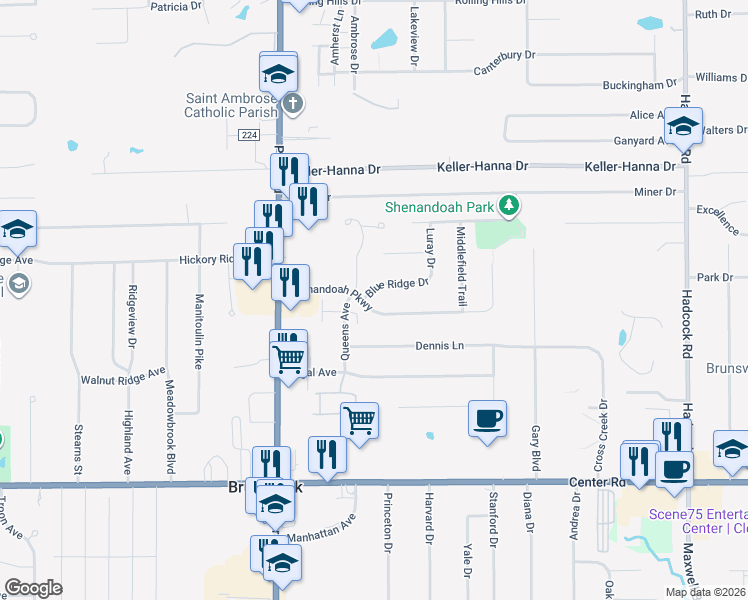map of restaurants, bars, coffee shops, grocery stores, and more near 4205 Shenandoah Parkway in Brunswick