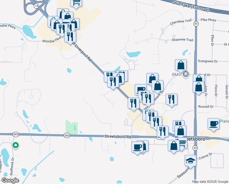 map of restaurants, bars, coffee shops, grocery stores, and more near 9535 Ohio 14 in Streetsboro