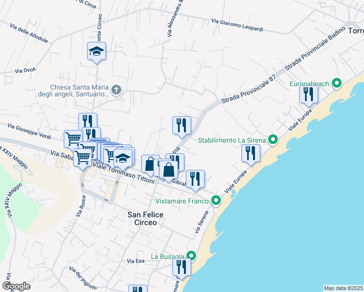 map of restaurants, bars, coffee shops, grocery stores, and more near S.P. Badino in San Felice Circeo