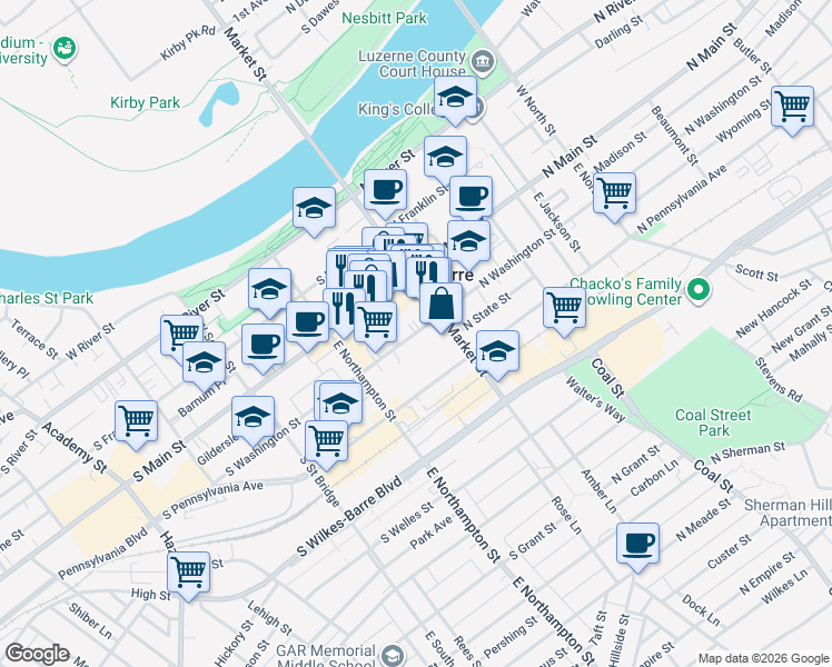 map of restaurants, bars, coffee shops, grocery stores, and more near 36 South Washington Street in Wilkes-Barre