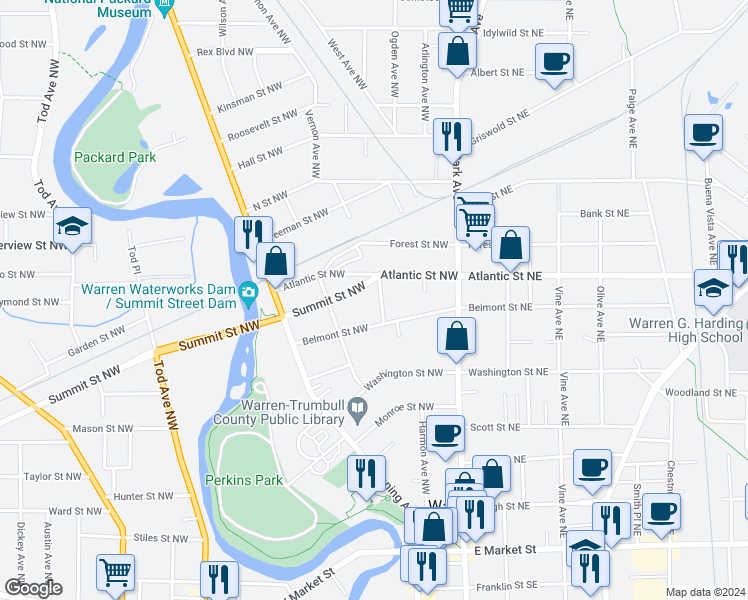 map of restaurants, bars, coffee shops, grocery stores, and more near 836 Adams Avenue Northwest in Warren