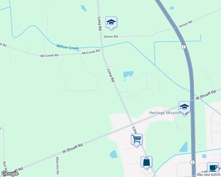 map of restaurants, bars, coffee shops, grocery stores, and more near 17313 Lima Road in Huntertown