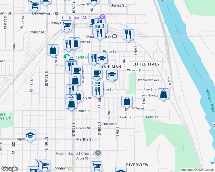 map of restaurants, bars, coffee shops, grocery stores, and more near 840 Pine Street in Omaha