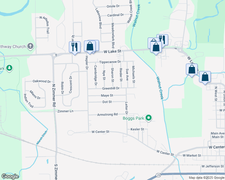 map of restaurants, bars, coffee shops, grocery stores, and more near 1501 Greenhill Drive in Warsaw
